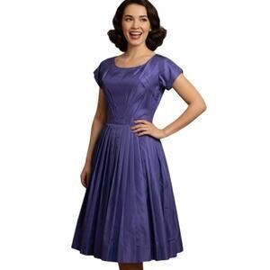 VTG 50s Bouffant Cocktail Dress Purple Pleated Taffeta Circle Skirt Rockabilly